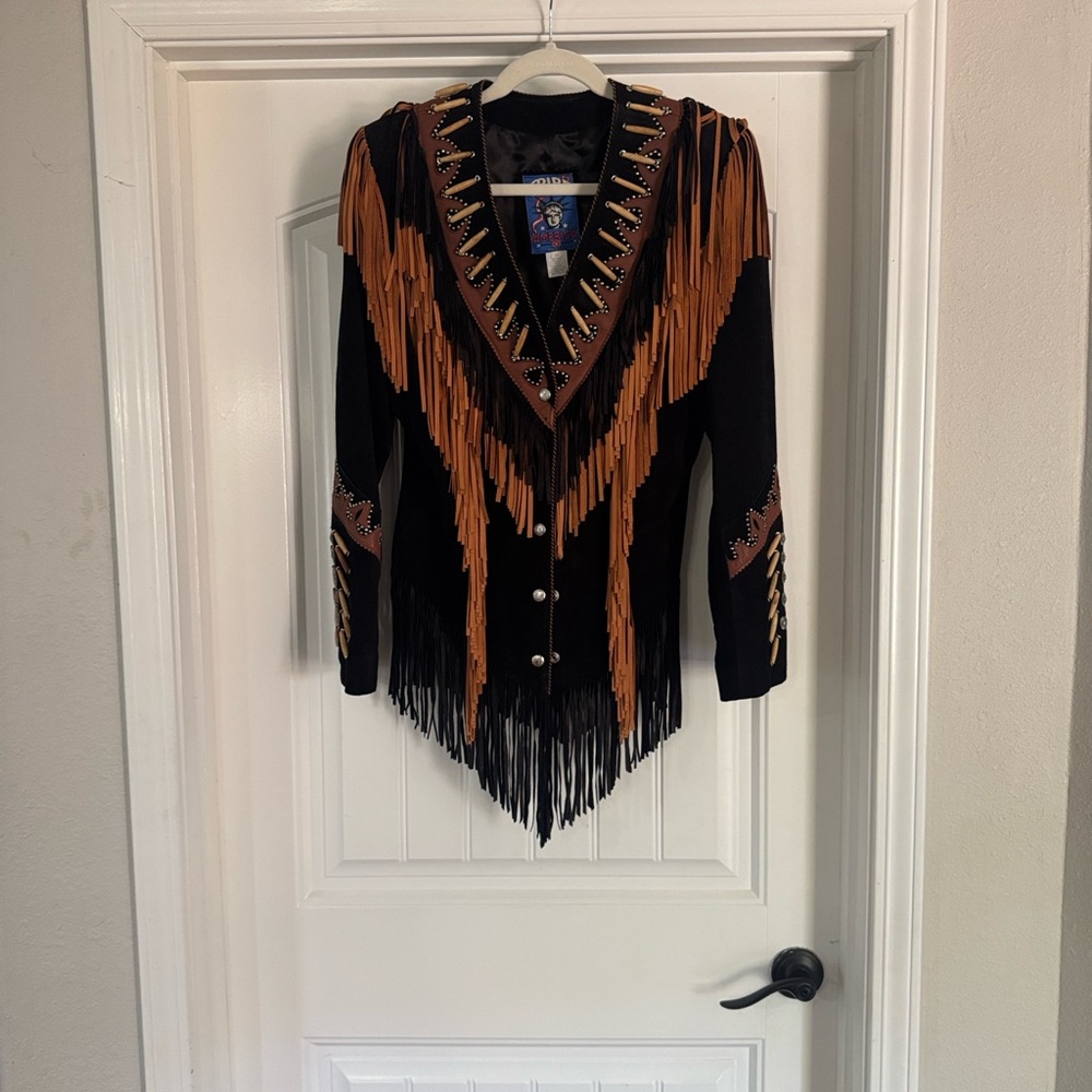 Tribe America Native Black and Brown Suede/Leather Jacket with Fringe